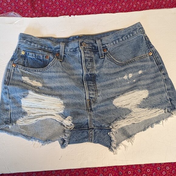 Levis 501 Distressed Shorts Jeans Jorts Cut-Offs Button Fly High Rise Denim Fray - Picture 3 of 7